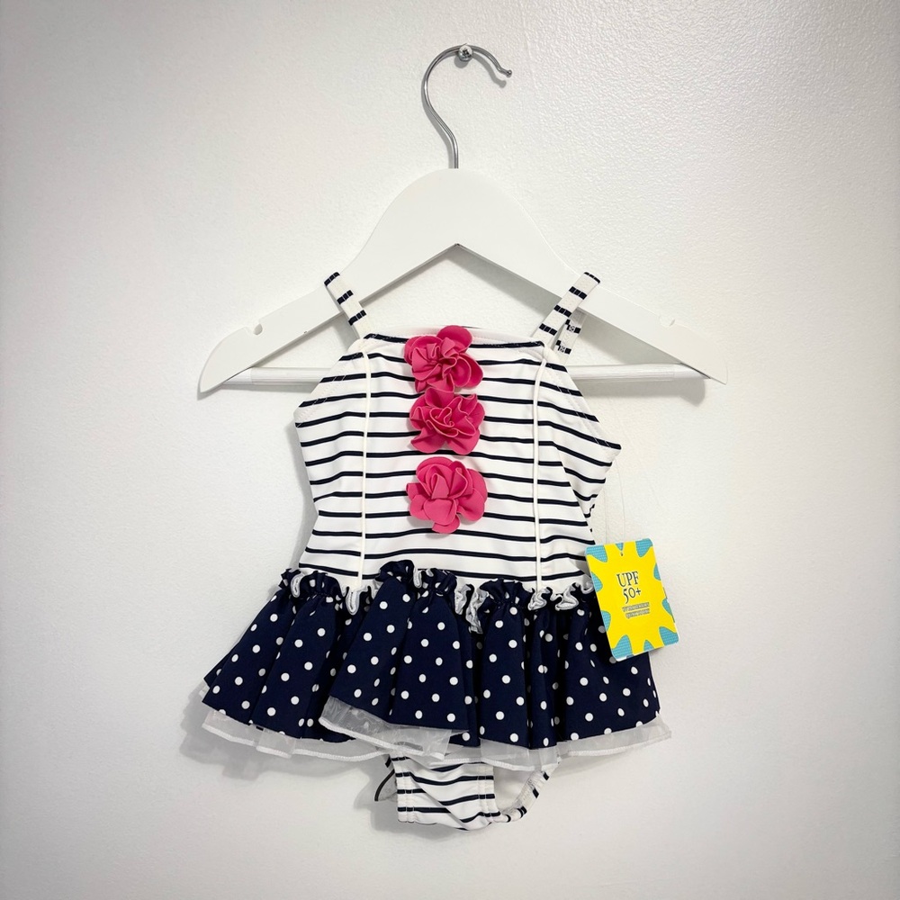 NWT Little Me Navy and White Striped Swimsuit with Pink Flowers 6-9 months